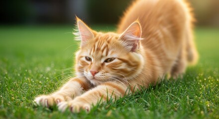 Obraz premium Adorable ginger cat stretching on vibrant green grass in a sunny outdoor setting.