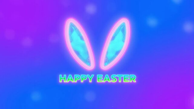 Happy Easter bunny ears designed with glowing, blue and purple circuit board digital patterns greeting card celebrating Easter.