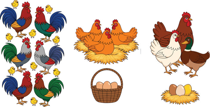 Farm chickens and roosters vector set with hens chicks eggs and nest rural animals collection for agriculture design and countryside illustration
