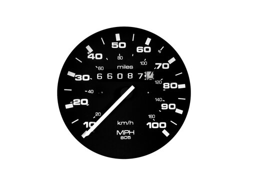 Classic car speedometer isolated on transparent background, black analog dashboard gauge with mph and km/h scales, automotive performance asset.