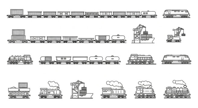 Various detailed illustrations of different types of trains and railcars for transport.