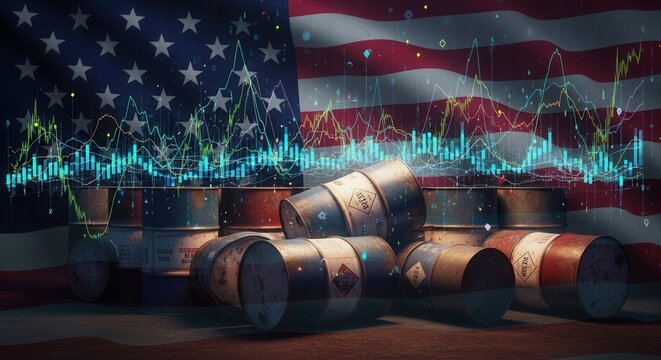 Digital rendering presenting industrial fuel drums and complex investment stats layered over the states flag symbolizing global economic inflation.