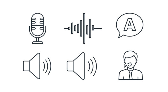 Audio communication concept featuring microphone, sound waves, speech bubble, and speaker icons.