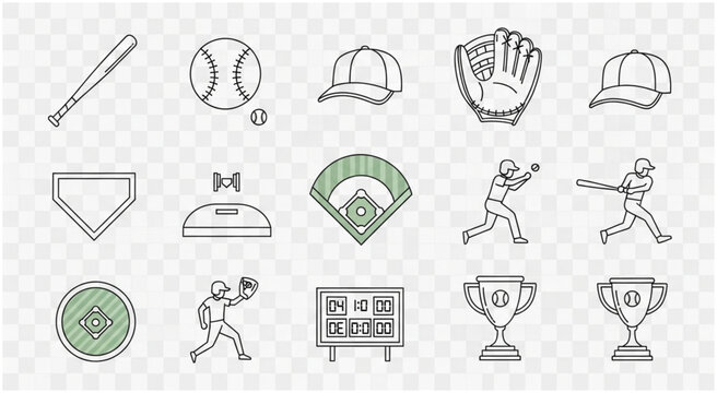 Baseball equipment and players in action, a collection of sports-related illustrations.