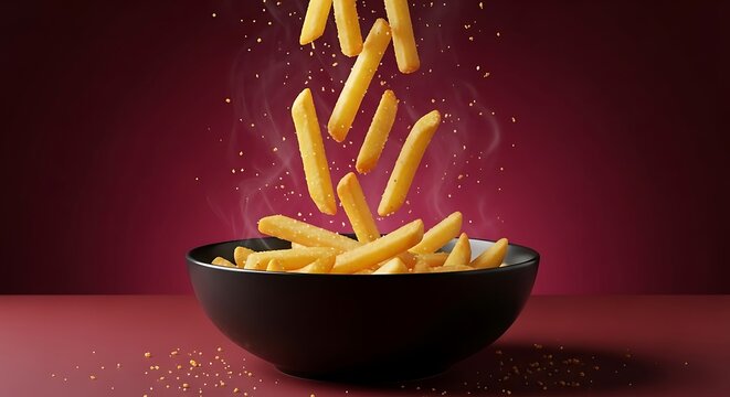 Golden french fries falling into a black bowl on a red background with steam rising