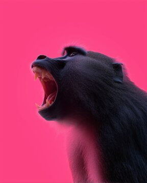 Black baboon yawning with open mouth showing teeth against vibrant pink background portrait