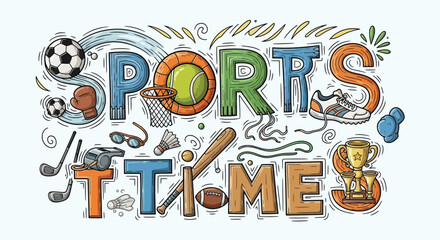Fototapeta premium Colorful sports-themed illustration showcases various athletic equipment and symbols