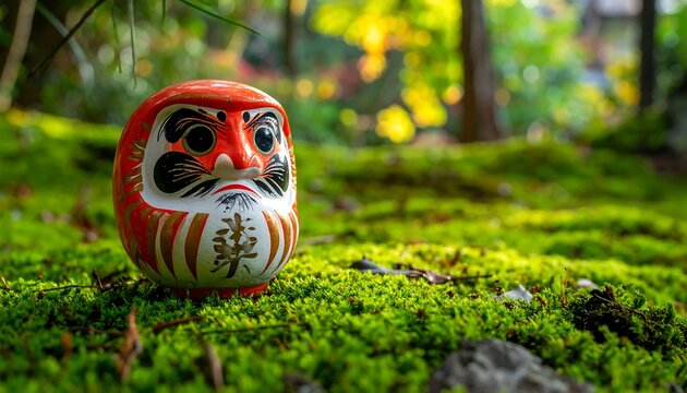 Daruma Doll Resting on Moss in a Serene Garden.