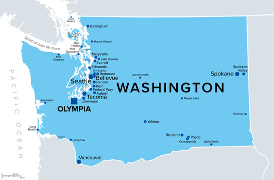 State of Washington, political map. Often referred to as Washington State, located in the Pacific Northwest region of United States, with capital Olympia and largest city Seattle. Illustration. Vector