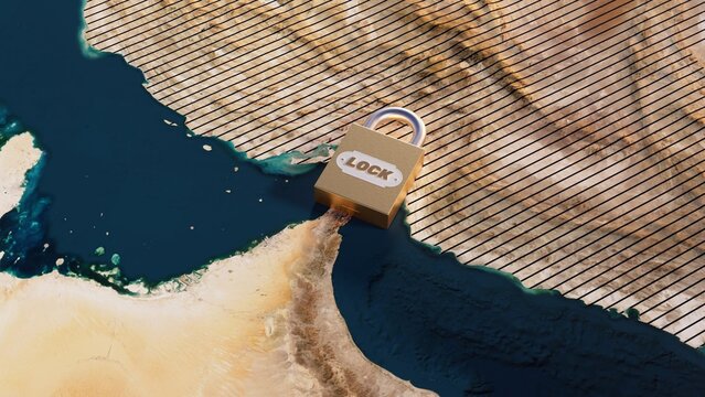 This visual shows a lock symbol over the Strait of Hormuz, emphasizing strategic control and the importance of energy transportation in the region.