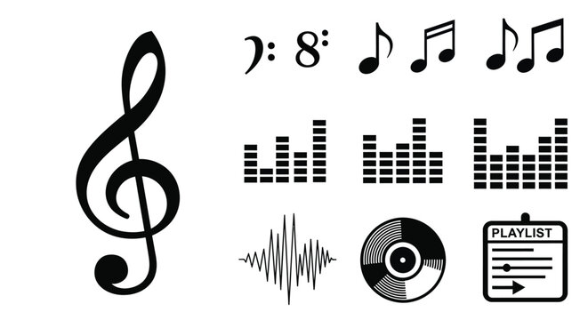 Music symbols and icons represent a playlist with notes and sound waves