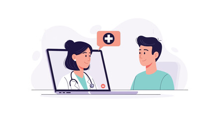 Fototapeta premium Doctor consults patient via laptop in clinic office setting remotely