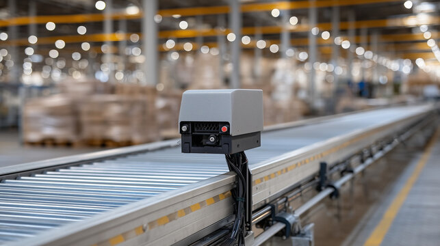 Predictive maintenance sensor array mounted on industrial conveyor system, vibration analysis technology detecting mechanical issues before catastrophic equipment failure occurs, perfect for prevent