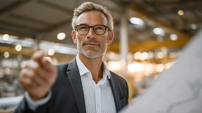 Lean manufacturing consultant gestures toward value stream mapping on factory floor during golden hour, process improvement methodologies eliminating bottlenecks in production workflow, perfect for 