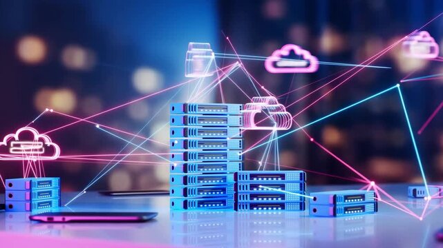 Cloud computing diagram and network connectivity. Cloud computer network server connection. Cloud computing and data center infrastructure with servers, storage, and networking, over the internet. 
