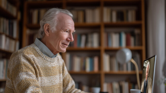 Elderly polyglot practicing Italian pronunciation with online tutor visible on desktop monitor in cozy study lined with foreign language books, perfect for virtual instruction, brain health activiti