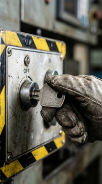 Industrial safety lockout key lockout tagout first zero accident safety gloved hand turns off switch with key machine panel for secure maintenance