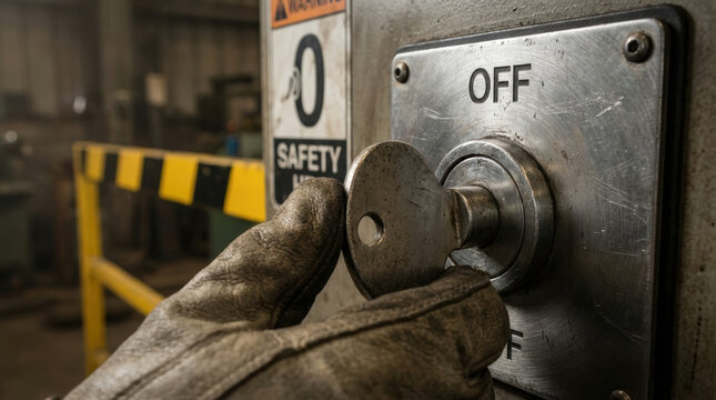 Safety first zero accident lockout tagout key switch off position in factory, gloved hand turning metal control panel for industrial maintenance