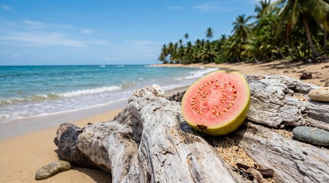 Half of a fresh pink guava resting on a weathered driftwood log on a tropical sandy beach with turquoise ocean water, palm trees, and clear blue sky, exotic fruit and summer travel concept