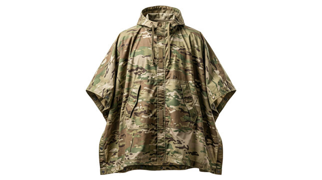 Military multicam rain poncho with hood and buttons