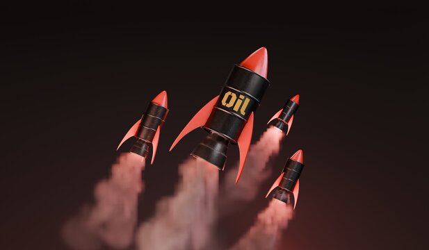 Oil rockets launch upward with smoke trails, symbolizing rising demand and profit. Designed for Oil companies, Oil investors, and Oil market analysis businesses.