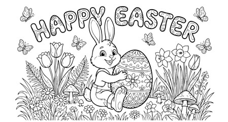 Fototapeta premium bunny painting easter egg and some flowers, coloring page ready to print on standard 8.5x11 inch paper. eps file.