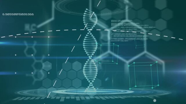 Animation of data processing, dna and chemical formulas over blue background