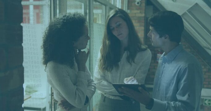 Animation of data processing over diverse business people using tablet