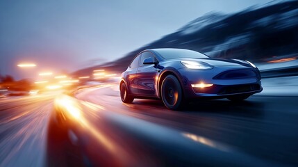 Fototapeta premium Electric crossover driving on scenic coastal road at sunset