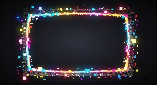 Glitch pixels vector abstract background, distorted glitched colored and neon glowing frame with random pixels. Television distortion with glitch effect, error, no signal tv screen border or backdrop