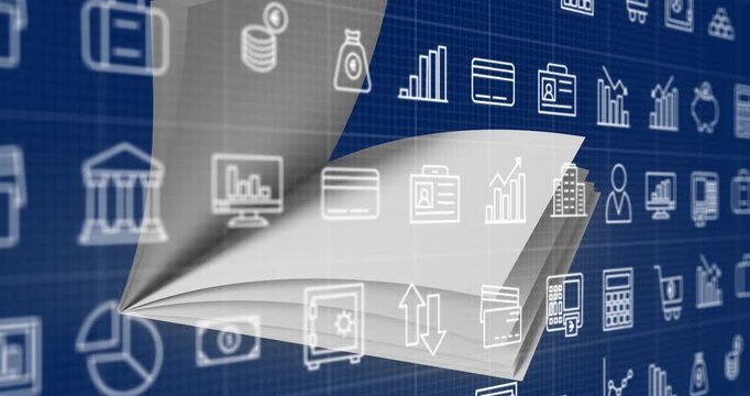Animation of data processing and media icons over blue background