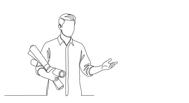 Architect holding blueprints in one hand and gesturing with the other in minimalist line drawing style with monochromatic color in simple format for construction business