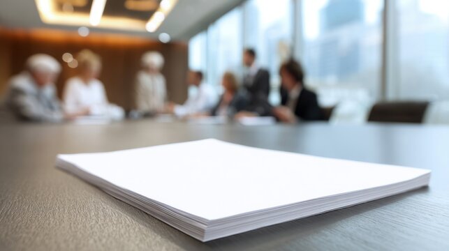 Clean white paper document on a modern office table with a business meeting in the background