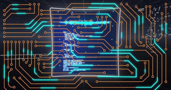 Animation of integrated circuit over data processing on screens on black background