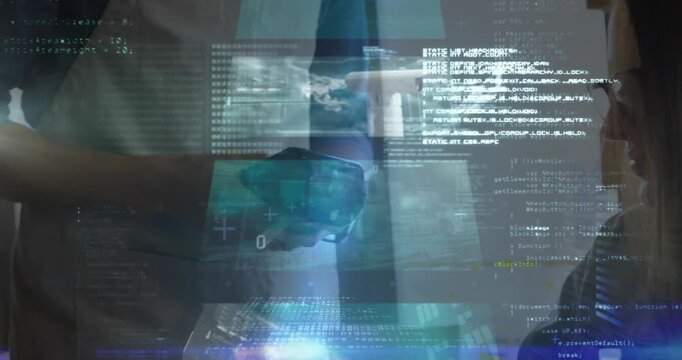 Animation of connections, data processing and digital screens over woman using payment terminal