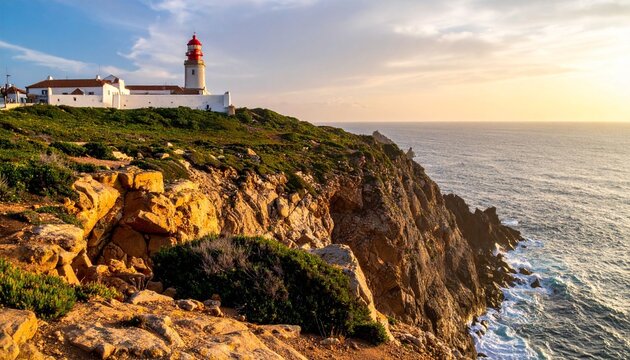 Coastal lighthouse on rocky cliff
