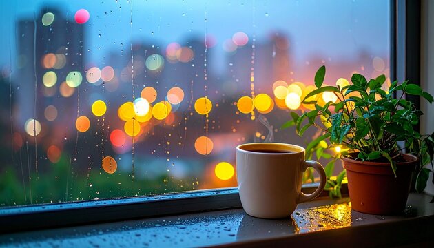 Coffee cup beside window with city lights