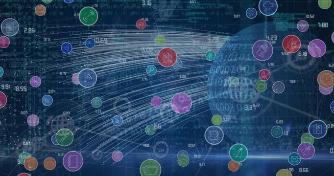 Animation of network of connections with icons over globe