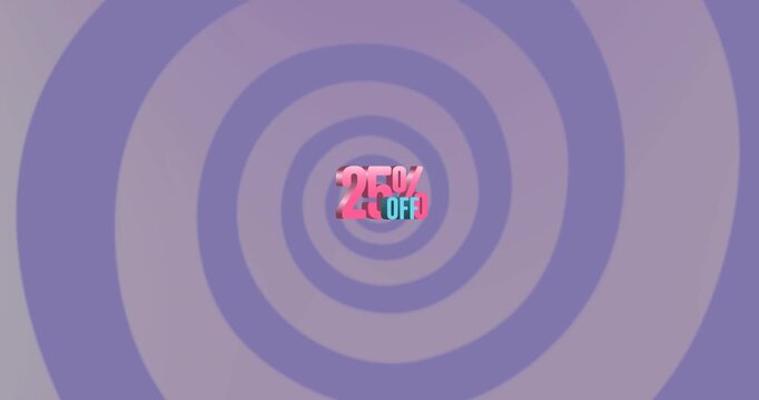 Animation of 25 percent off text over circles on blue background
