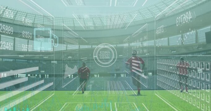 Animation of data processing and icons over diverse rugby players at stadium