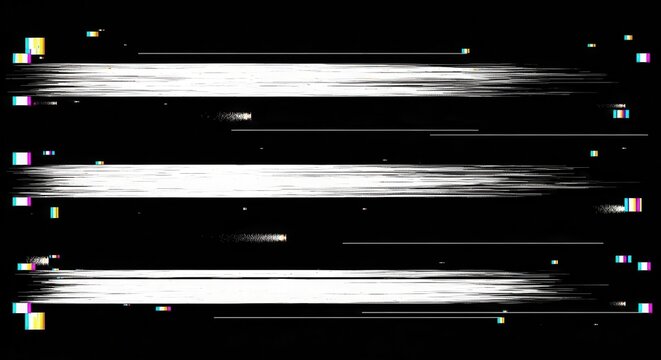Glitch VHS template. Old video effect on black backdrop. Horizontal random white lines. Retro tape texture with distorted elements. Analog videotape. Vector illustration