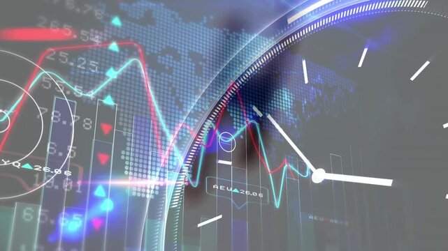Animation of clock, graphs and trading board against abstract background