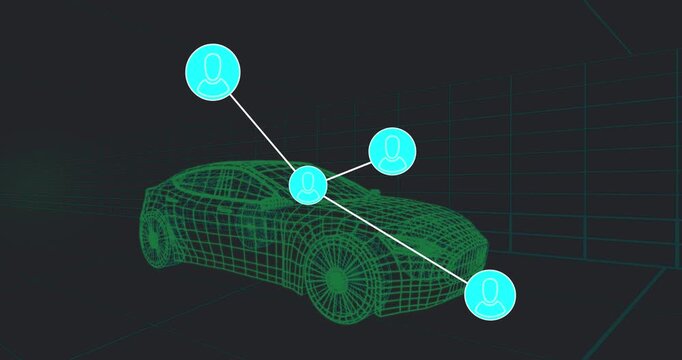 Animation of network of connections 3d car model over grid on black background
