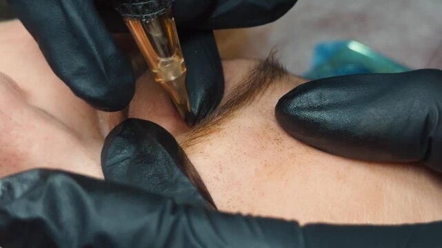 Microblading technician uses a specialized tool for implanting pigment into the skin, drawing fine hairstrokes on a clients eyebrow for natural looking permanent makeup