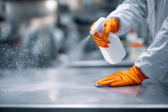 Worker wearing a white coat and orange gloves, holding a spray bottle with a mist of liquid in a professional kitchen.