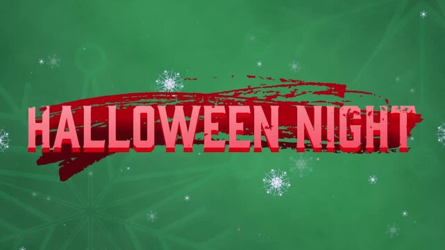Animation of halloween night text over snowflakes on green background