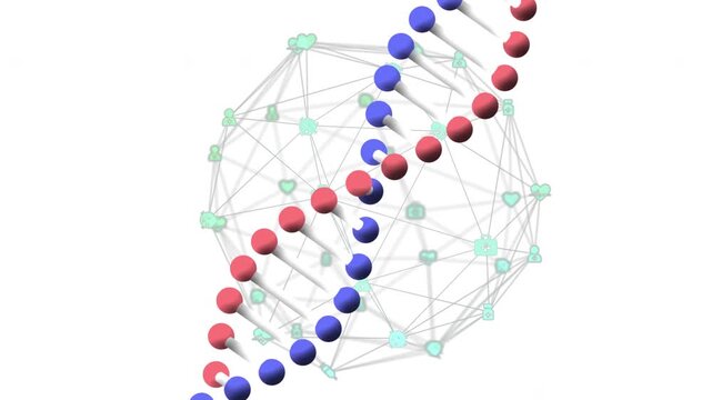 Animation of dna strand over network of connections with icons on white background