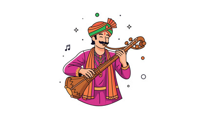 Obraz premium Traditional Indian musician wearing a turban and ethnic clothing while playing a classic stringed sitar instrument.