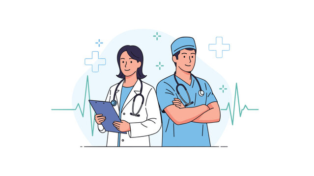 Pair of dedicated medical professionals including a female doctor and a male surgeon stand together in a hospital setting.