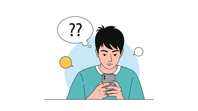 Young man looking at his mobile phone screen with puzzled expression and question marks in speech bubbles above.